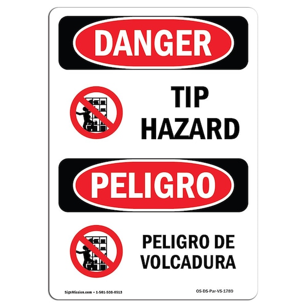 OSHA Sign, Tip Hazard Bilingual, 24in X 18in Rigid Plastic, 18" W, 24" L, Bilingual Spanish
